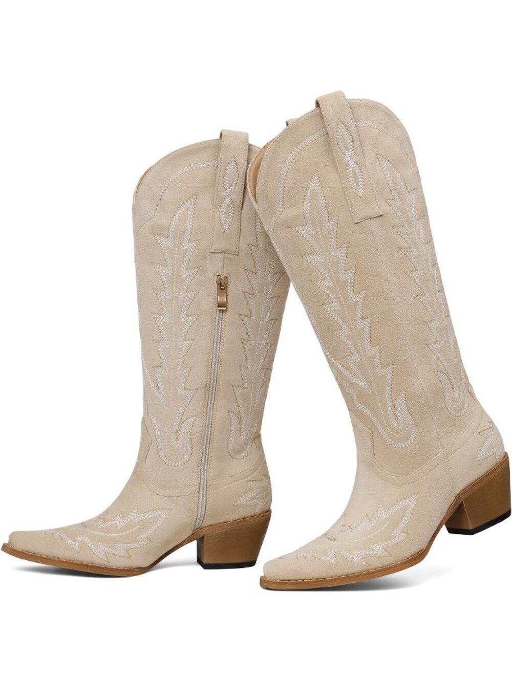 Women's Beige Suede Western Cowgirl Knee High Boots Pointed Toe Chunky Heel
